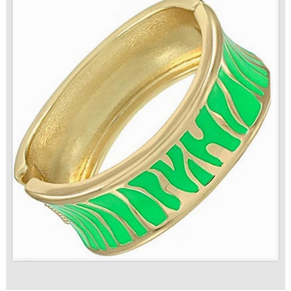 Green Gold Bangle Bracelet Zebra Animal Print  Enamel Metal Hinged Women Fashion